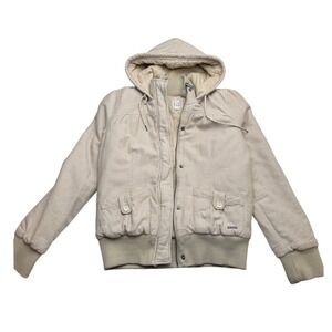 Roxy Quilted Lined Hooded Bomber Jacket Beige Herringbone Women's M